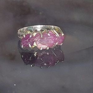 Raw Pink Tourmaline 3 Stone Silver 925 Ring